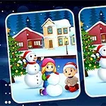 Två nästan identiska vinterbilder med snögubbar, barn som leker och hus i bakgrunden
