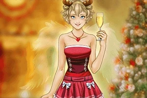 Tecknad kvinna med kort lockigt hår, klädd i röd klänning, har vingar och håller ett glas med en julgran i bakgrunden