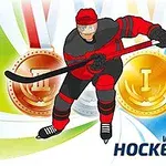 Ishockeyspelare i röd och svart utrustning med två medaljer i bakgrunden