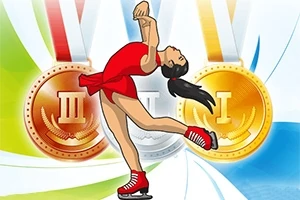 En konståkare i röd klänning utför ett hopp framför tre medaljer i guld, silver och brons