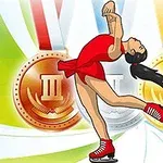 En konståkare i röd klänning utför ett hopp framför tre medaljer i guld, silver och brons