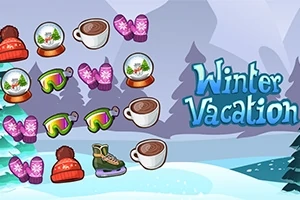 Tecknade vinterattribut som snöglober, varm choklad, skidglasögon, vantar, och skridskor mot en vinterbakgrund med texten Winter Vacation