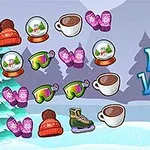 Tecknade vinterattribut som snöglober, varm choklad, skidglasögon, vantar, och skridskor mot en vinterbakgrund med texten Winter Vacation