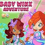 Två tecknade flickor med fjärilsvingar och ett får iklädd en hatt i en fantasifull miljö med titeln Baby Winx Adventure ovanför