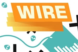 Texten WIRE i vita bokstäver på en orange och gul bakgrund med grafiska element i turkos och svart
