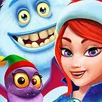 En rödklädd kvinna med tomteluva står bredvid en glad snöman och en lila uggleliknande varelse med grön och röd mössa