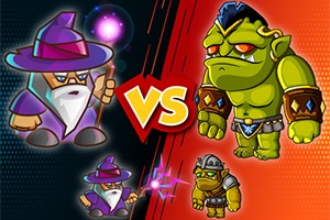 Trollkarl och krigare mot två gröna monster med VS mellan dem på färgglad bakgrund