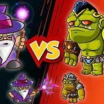 Trollkarl och krigare mot två gröna monster med VS mellan dem på färgglad bakgrund