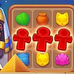 En tecknad kvinna i egyptisk klädsel bredvid ett rutnät med olika färgglada symboler som löv, krukor och figurer