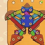 Färggranna träformer och skruvar arrangerade i ett symmetriskt geometriskt mönster på en orange bakgrund