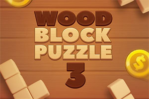 Träbakgrund med block och stora bruna bokstäver som formar orden Wood Block Puzzle 3