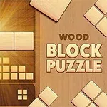 Träpussel med block i olika former och storlekar på en brun bakgrund med texten Wood Block Puzzle