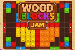 Färgglada träblock i ett rutnät med texten WOOD BLOCKS JAM ovanpå och pilar på sidorna