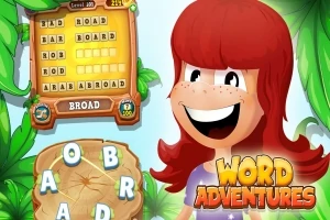 Tecknad bild av en glad rödhårig karaktär bredvid ett korsord och runt texten Word Adventures omgiven av gröna blad