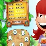 Tecknad bild av en glad rödhårig karaktär bredvid ett korsord och runt texten Word Adventures omgiven av gröna blad