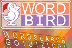 En tecknad fågel med tomteluva och texten Word Bird ovan tydliga diagonala bokstäver på en färgglad bakgrund