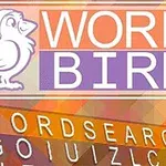 En tecknad fågel med tomteluva och texten Word Bird ovan tydliga diagonala bokstäver på en färgglad bakgrund