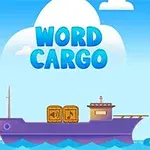 Ett tecknat skepp på havet med två träboxar och texten Word Cargo ovanför i blå bokstäver