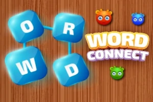 Fyra blå bokstavskuber som bildar ordet WORD och texten WORD CONNECT mot en träbakgrund med tre färgglada, små monster