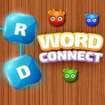 Fyra blå bokstavskuber som bildar ordet WORD och texten WORD CONNECT mot en träbakgrund med tre färgglada, små monster