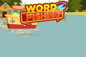 Färgglad illustration av en fiskebåt nära en sjö med texten Word Fishing ovanför