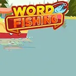Färgglad illustration av en fiskebåt nära en sjö med texten Word Fishing ovanför