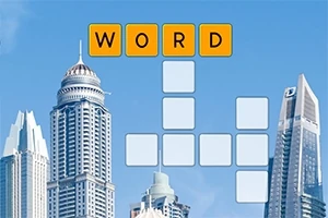 Skyscrapers mot en blå himmel med ett korsordsgitter och ordet WORD i orange rutor ovanför