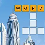 Skyscrapers mot en blå himmel med ett korsordsgitter och ordet WORD i orange rutor ovanför