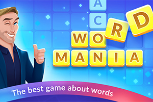 Tecknad man ger tummen upp bredvid gula bokstavsbrickor som bildar orden WORD och MANIA mot en blå bakgrund