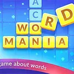 Tecknad man ger tummen upp bredvid gula bokstavsbrickor som bildar orden WORD och MANIA mot en blå bakgrund