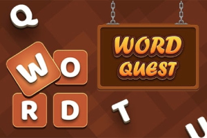 Bruna bokstäver ligger utspridda på en schackmönstrad bakgrund med en skylt som säger Word Quest