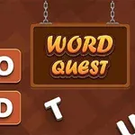 Bruna bokstäver ligger utspridda på en schackmönstrad bakgrund med en skylt som säger Word Quest