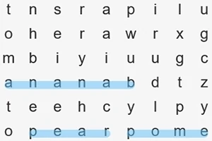 Ett ordpussel med de markerade orden banana, pear och pome