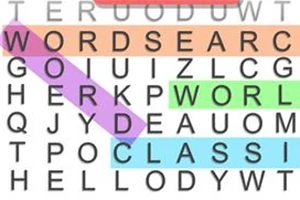Ord- och bokstavspussel med färgmarkerade ord som WORDSEARCH, WORLD, och CLASSIC i ett rutnät