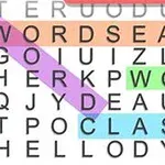 Ord- och bokstavspussel med färgmarkerade ord som WORDSEARCH, WORLD, och CLASSIC i ett rutnät