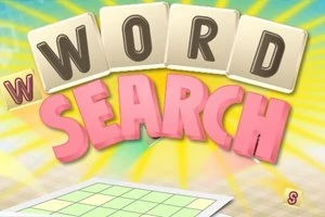 Texten WORD SEARCH i stora, färgglada bokstäver med en ljus, strålande bakgrund och ett rutnät i förgrunden