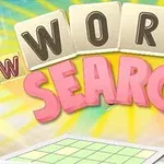 Texten WORD SEARCH i stora, färgglada bokstäver med en ljus, strålande bakgrund och ett rutnät i förgrunden