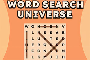 Orange bakgrund med texten WORD SEARCH UNIVERSE ovanför ett ordsökningsrutnät med markerade ord