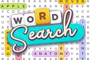 Färgfullt korsord med markerade ord, och texten Word Search i mitten