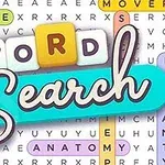 Färgfullt korsord med markerade ord, och texten Word Search i mitten
