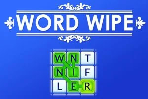 Blå bakgrund med vita bokstäver som bildar ordet WORD WIPE och ett rutnät av bokstäver med gröna rutor i mitten