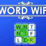 Blå bakgrund med vita bokstäver som bildar ordet WORD WIPE och ett rutnät av bokstäver med gröna rutor i mitten