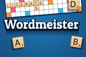 Texten Wordmeister med bokstavsbrickor som visar bokstäver och poäng på en blå bakgrund