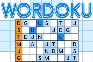 Rutnät med bokstäver i ett pussel, där vissa rutor är blåmarkerade, och texten WORDOKU ovanför
