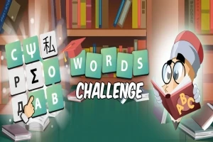 Tecknad bild av en bokhylla med böcker, bokstäver på brickor, texten Words Challenge och en figur som läser en bok