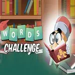 Tecknad bild av en bokhylla med böcker, bokstäver på brickor, texten Words Challenge och en figur som läser en bok