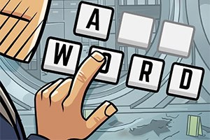 En tecknad hand pekar på bokstäver som formar ordet WORD med en futuristisk bakgrund