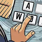 En tecknad hand pekar på bokstäver som formar ordet WORD med en futuristisk bakgrund