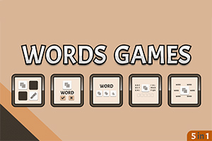Flera ikoner med texten WORDS GAMES på beige bakgrund och etiketten 5 in 1 i hörnet