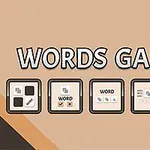 Flera ikoner med texten WORDS GAMES på beige bakgrund och etiketten 5 in 1 i hörnet